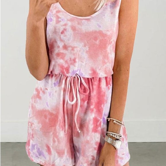 Kelsey Tie Dye Drawstring Romper Pink - Picture 2 of 3